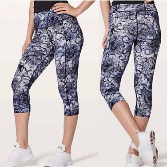 Lululemon Fast Free Hanakotoba Starlight Crop Purple Floral Leggings Sz 6 Run - Picture 1 of 11